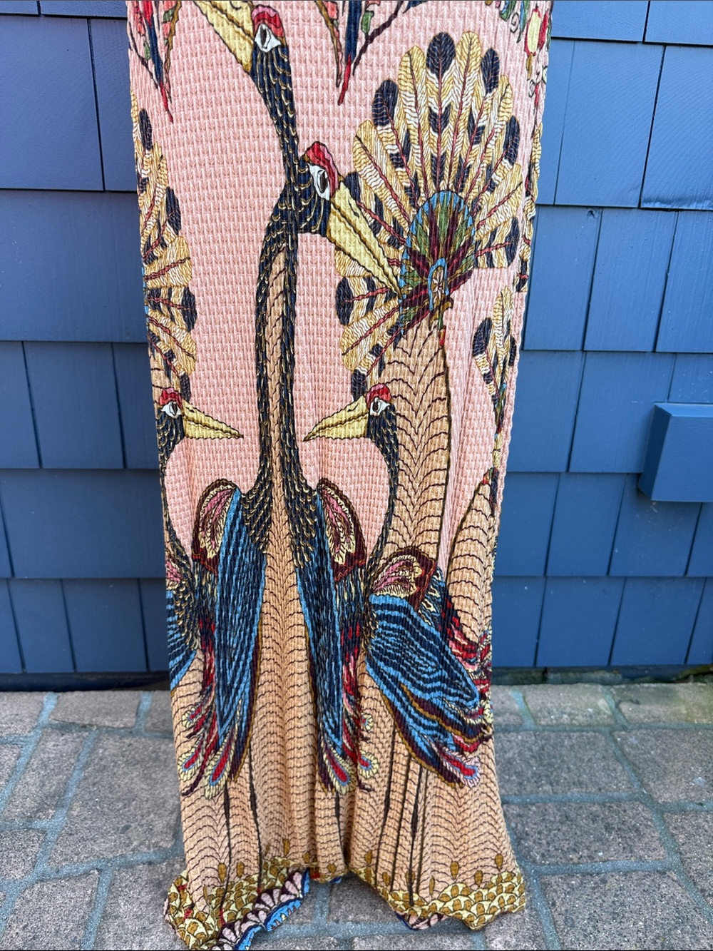 FARM Rio Peach Maxi Skirt with Blue, Red and Green Crane Print medium - Picture 3 of 9